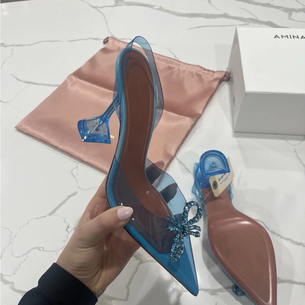Amina Muaddi Teal Slingback Heels with Bow - Picture 5 of 9